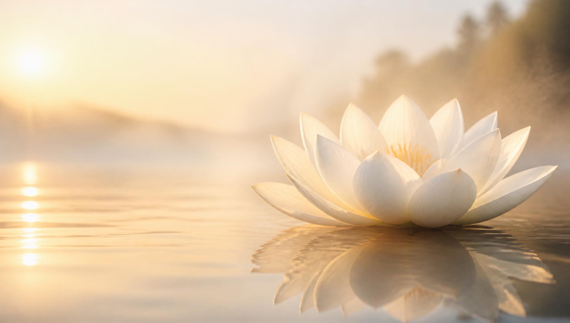 A white lotus opening over still water at dawn